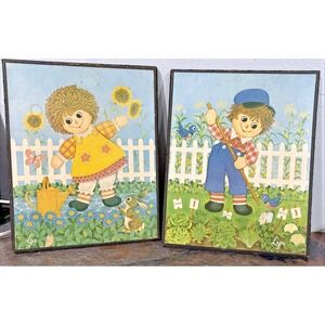 Vintage Lyn Raggedy Ann & Andy Style Wall Art – Farm Garden Decor Pair 11.5x14.5
